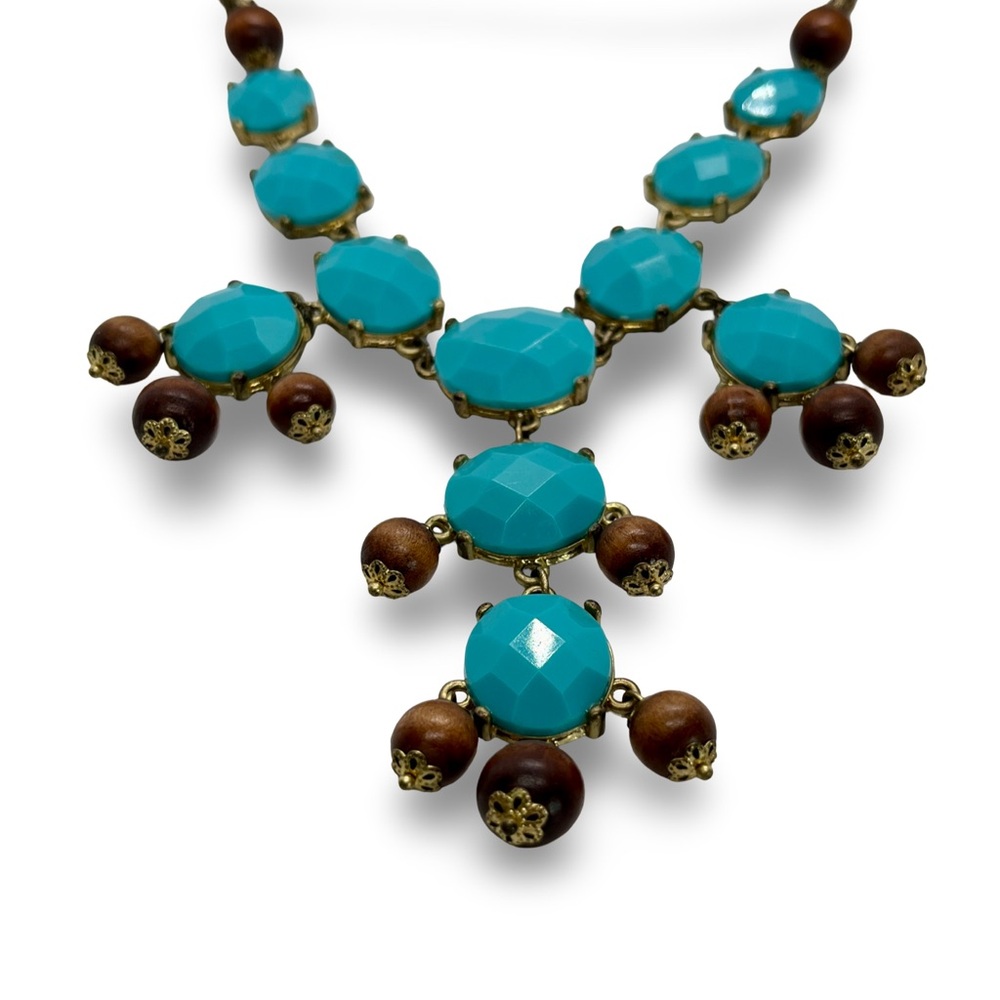 Vintage Faux Turquoise and Brown Wooden Bead Statement Bib Necklace
